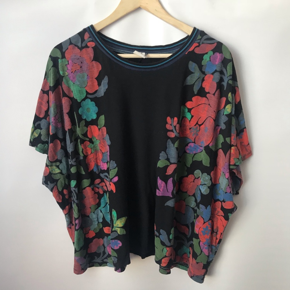 Anthropologie Black Floral Boxy Tee Shirt